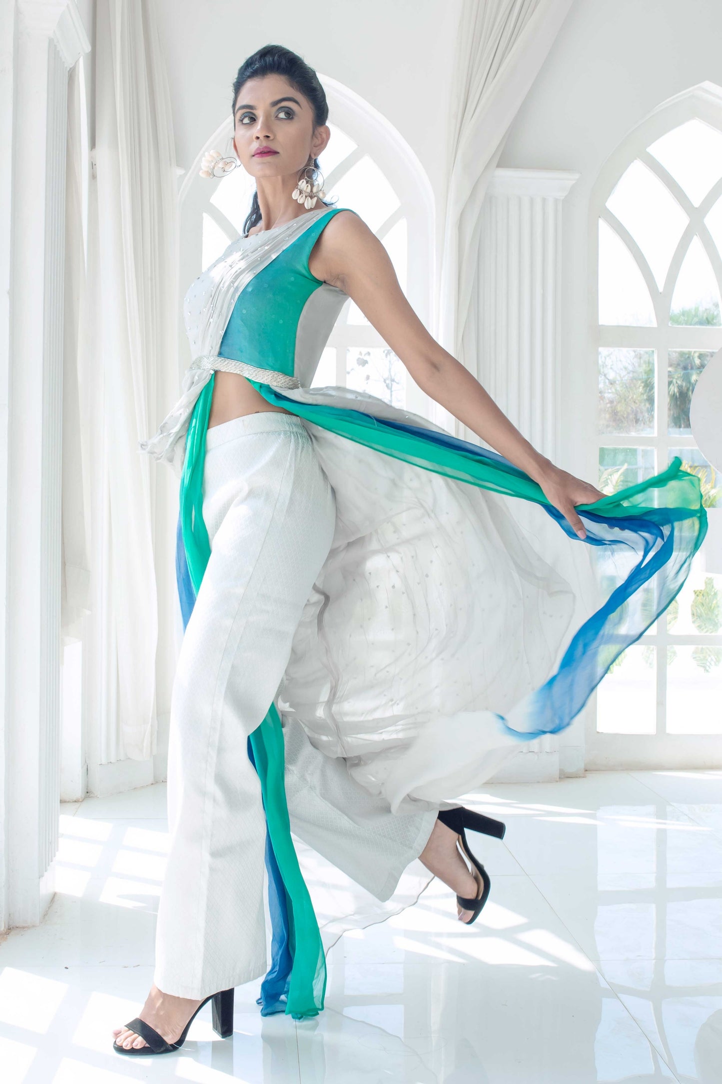 Sea Silver High Slit Cowl Top and Pant
