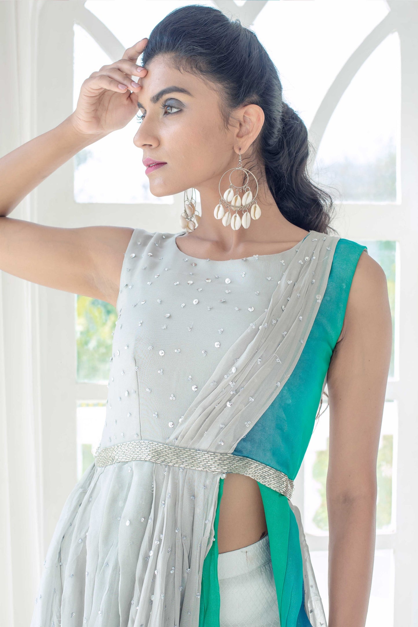 Sea Silver High Slit Cowl Top and Pant