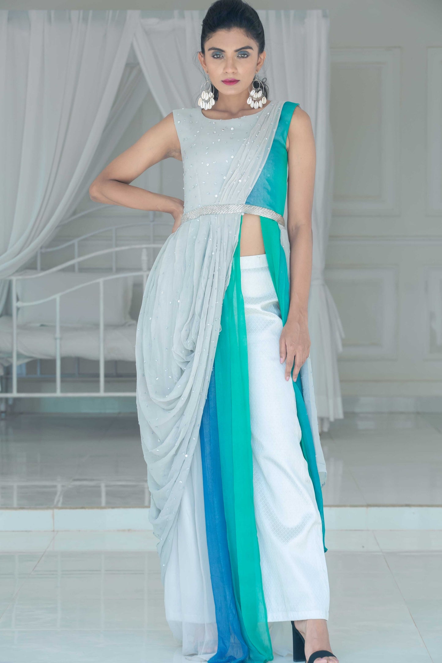 Sea Silver High Slit Cowl Top and Pant