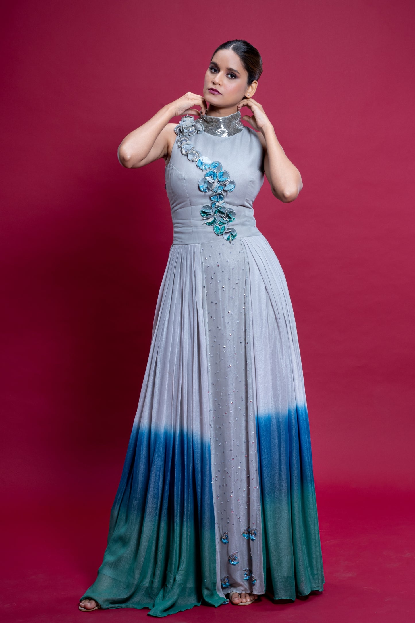 Sea Silver Hand Embroidered Ombre High Neck Gown