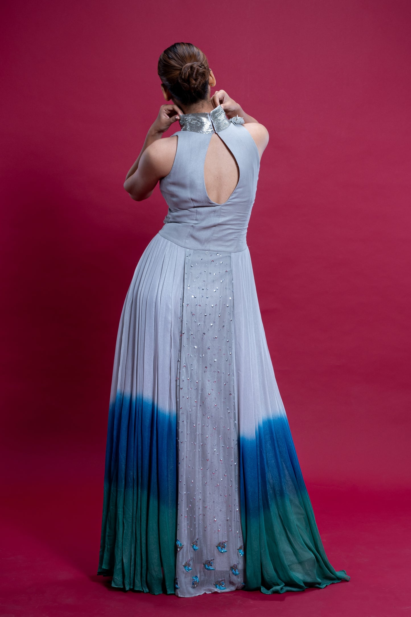 Sea Silver Hand Embroidered Ombre High Neck Gown
