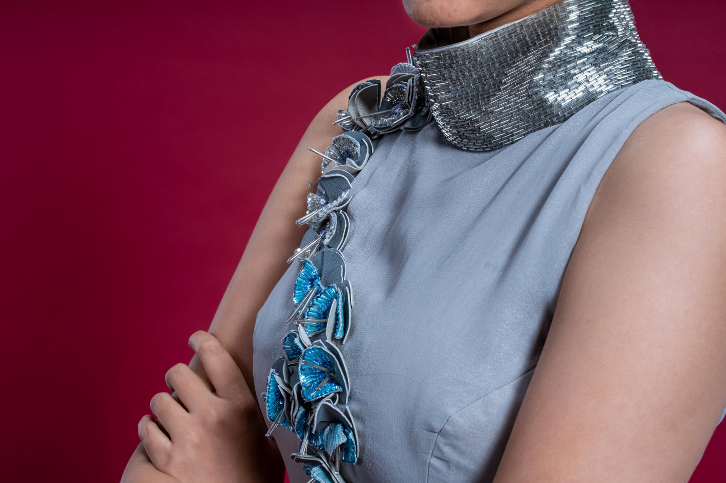 Sea Silver Hand Embroidered Ombre High Neck Gown
