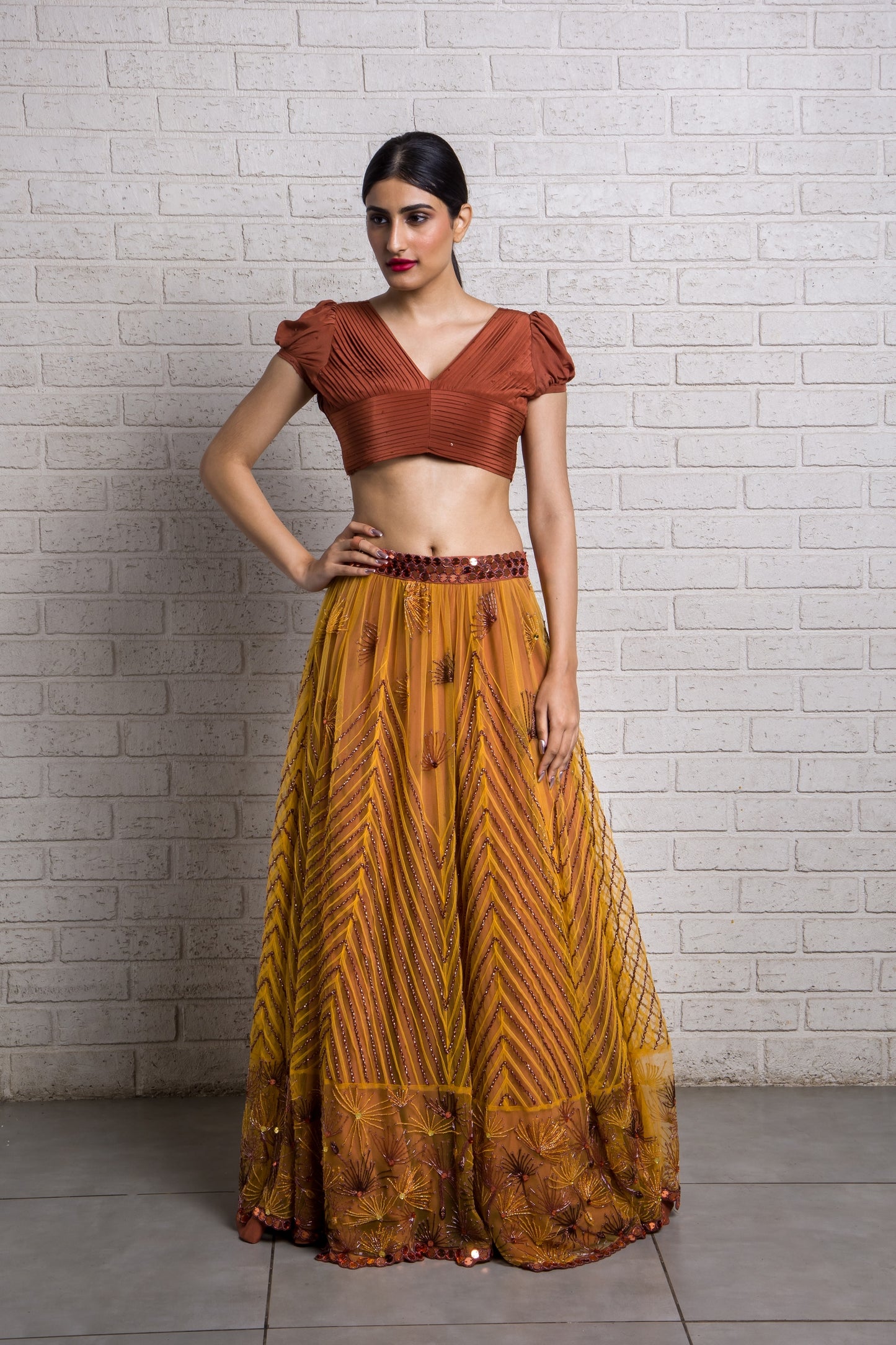Playful Dandelion Hand Embroidered  Pin Tucks Kali Lehenga And Pleated Blouse Set