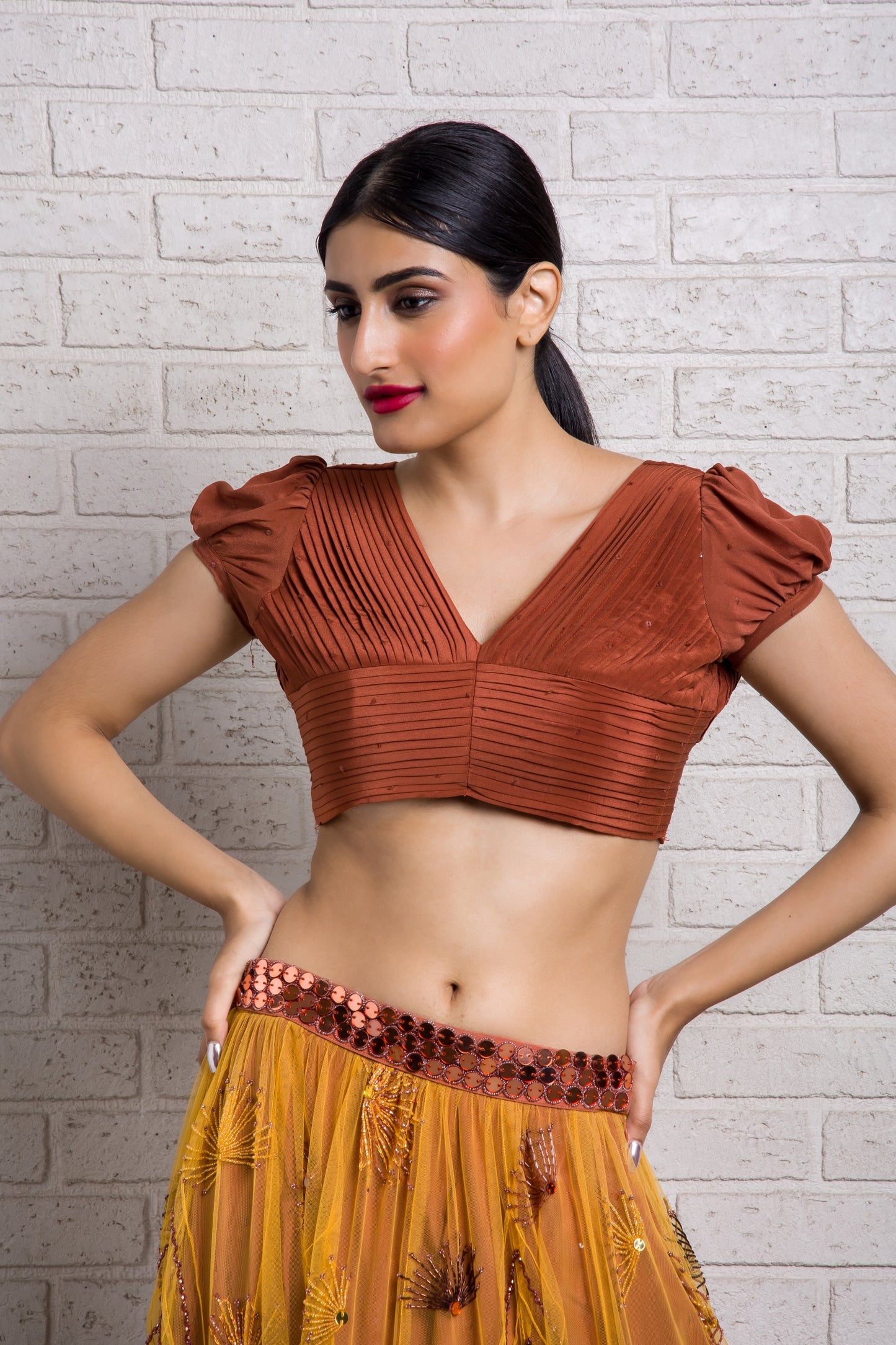 Playful Dandelion Hand Embroidered  Pin Tucks Kali Lehenga And Pleated Blouse Set