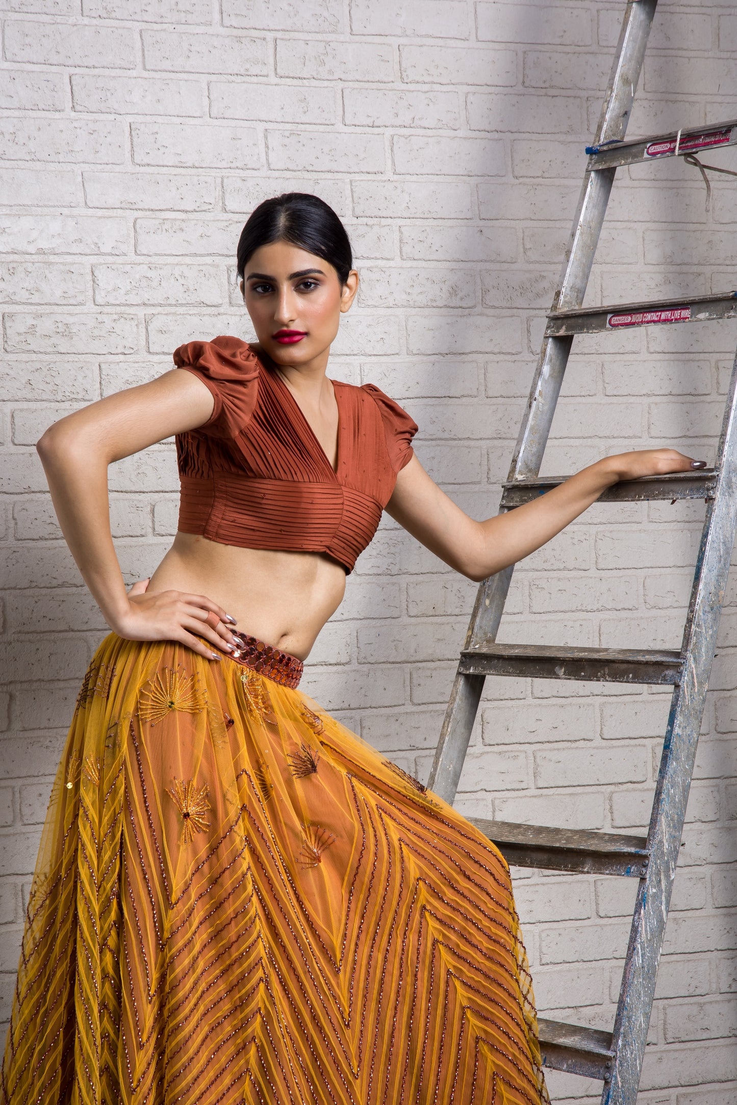 Playful Dandelion Hand Embroidered  Pin Tucks Kali Lehenga And Pleated Blouse Set