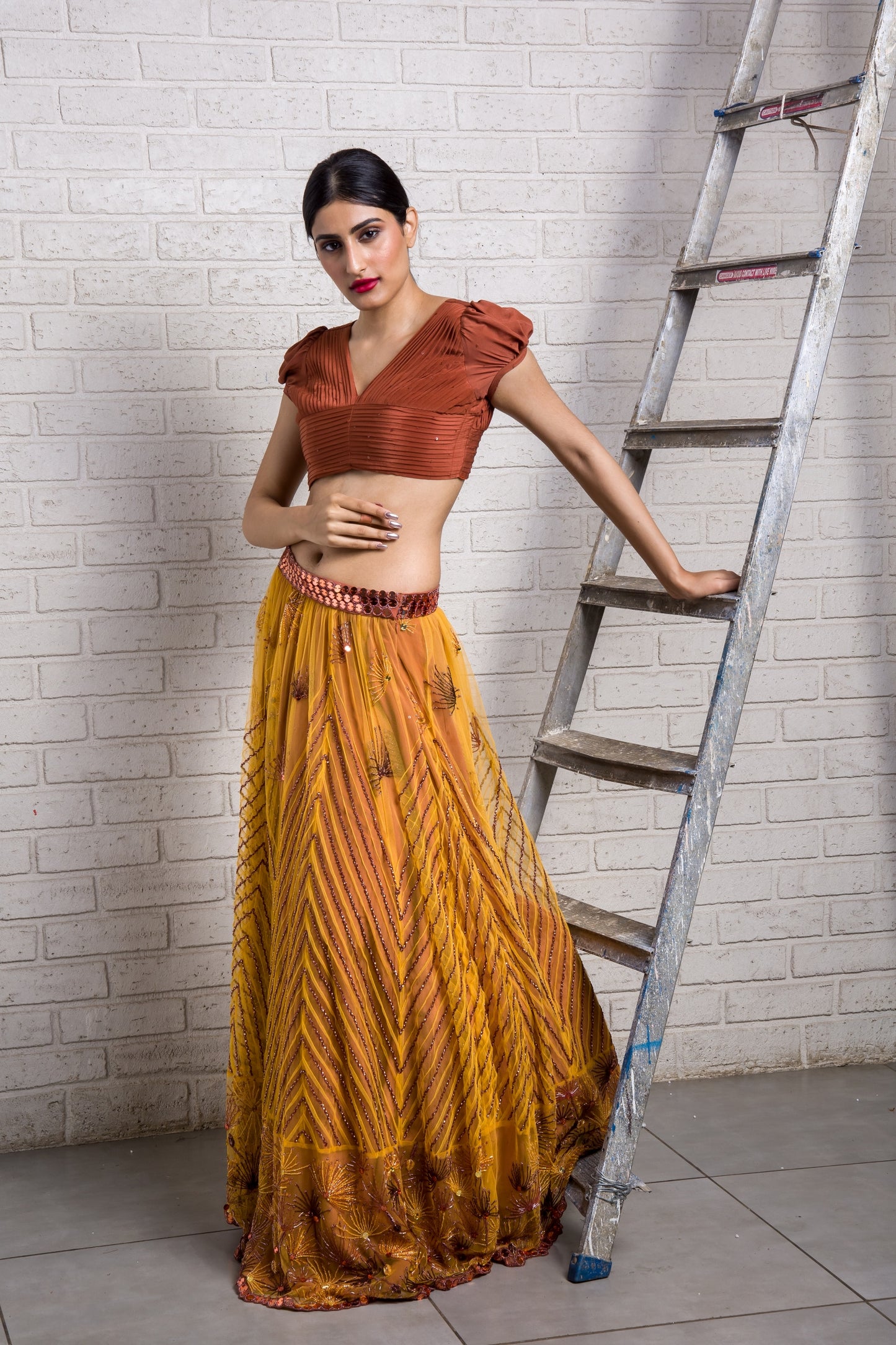 Playful Dandelion Hand Embroidered  Pin Tucks Kali Lehenga And Pleated Blouse Set