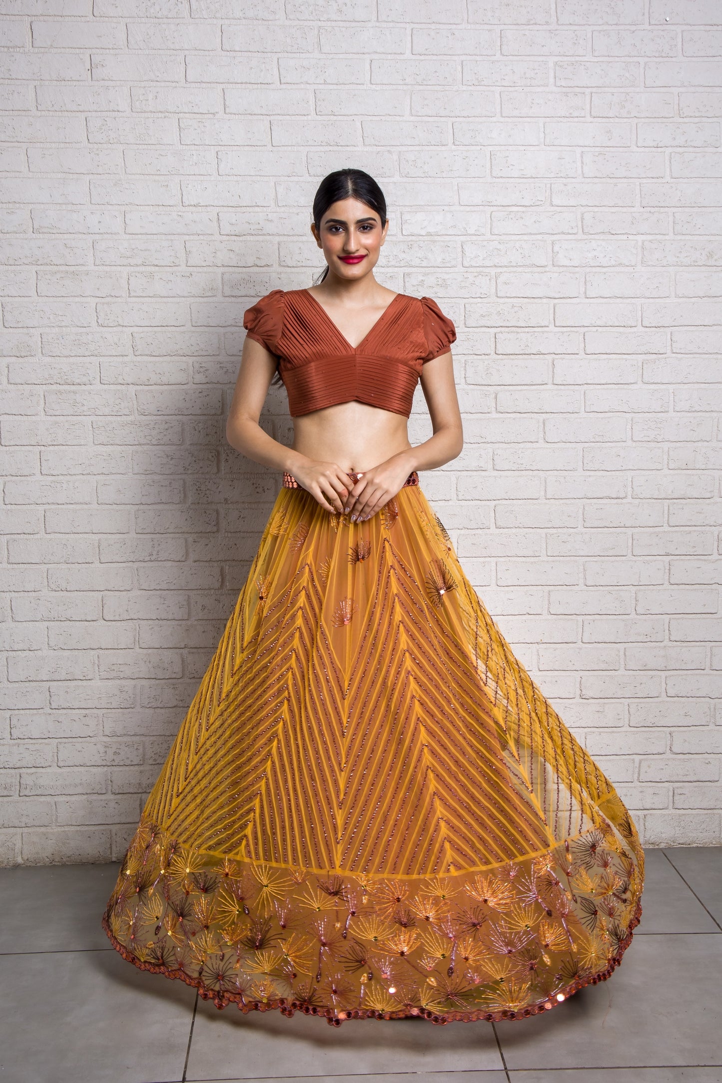 Playful Dandelion Hand Embroidered  Pin Tucks Kali Lehenga And Pleated Blouse Set