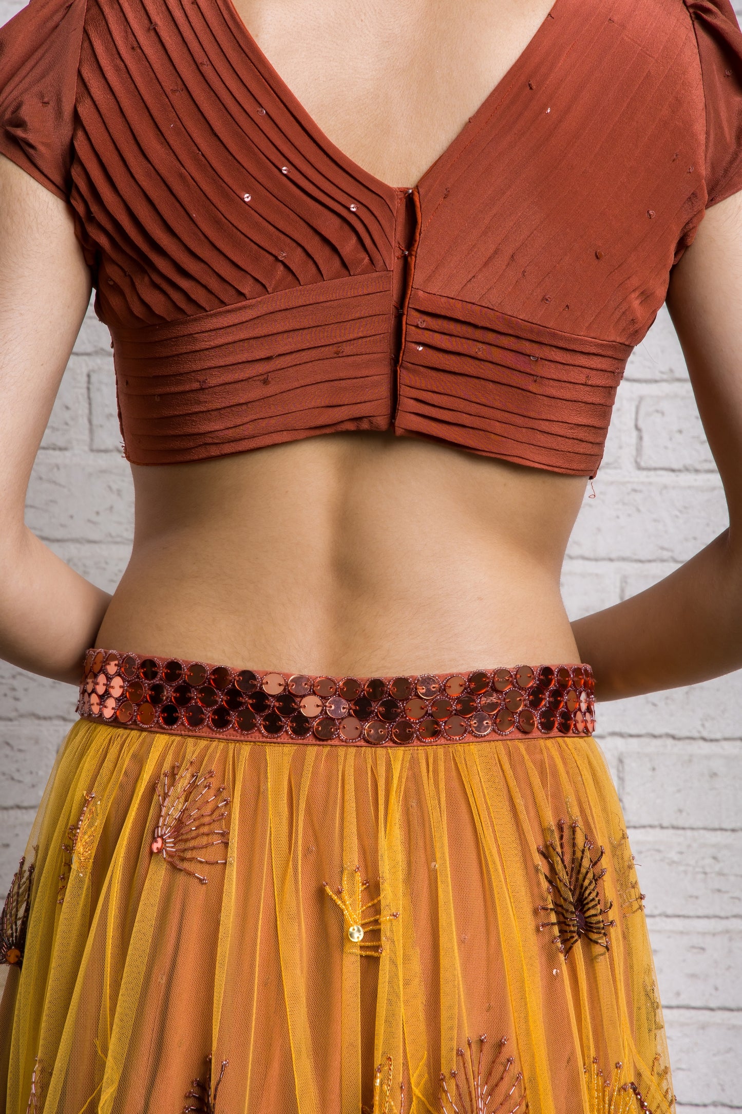 Playful Dandelion Hand Embroidered  Pin Tucks Kali Lehenga And Pleated Blouse Set