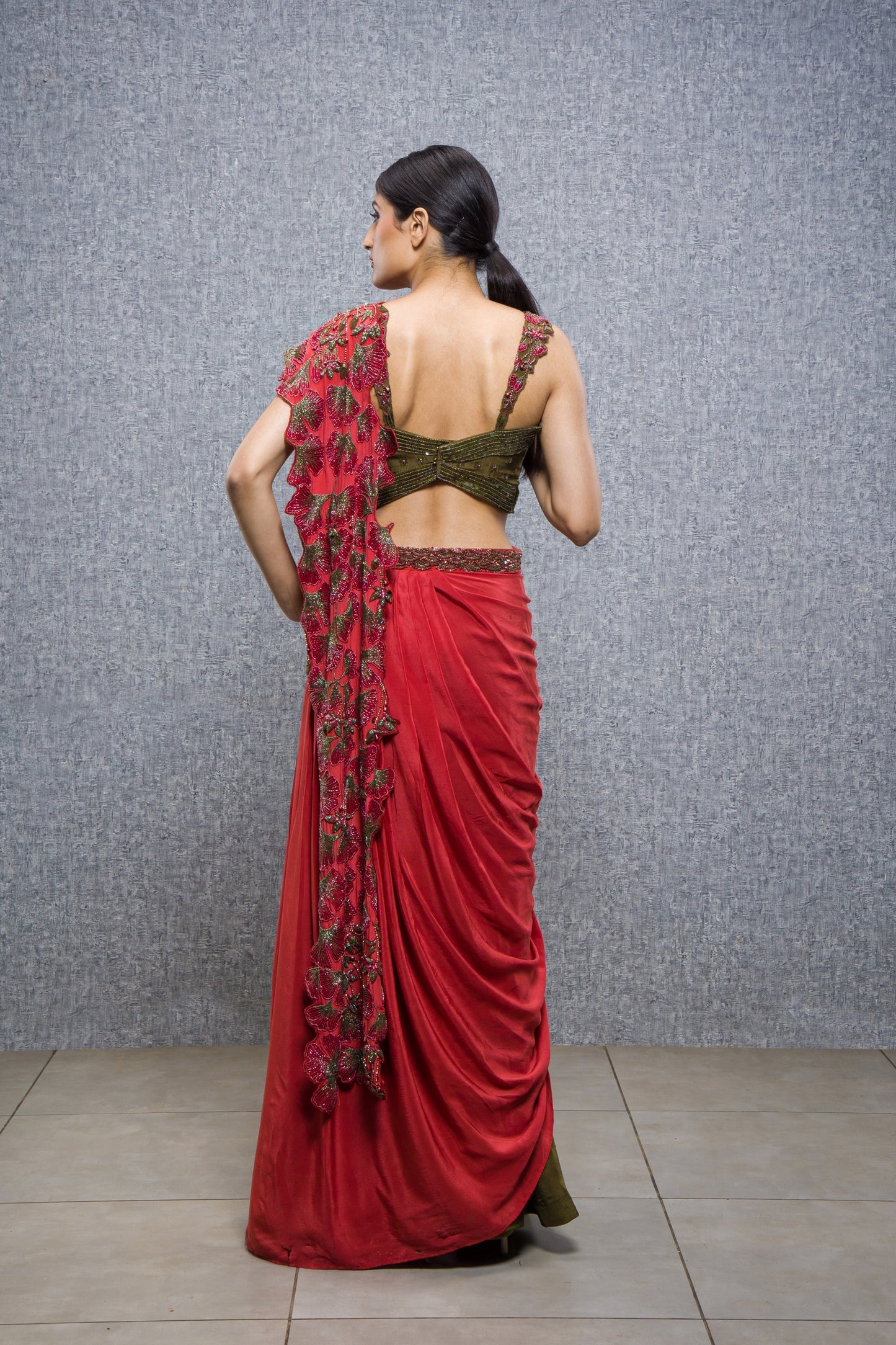 Enchanted Forest Hand Embroidered Detachable Pallu Ready To Wear Saree Set