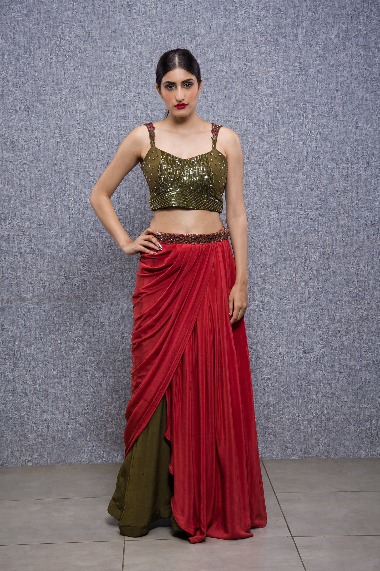 Enchanted Forest Hand Embroidered Detachable Pallu Ready To Wear Saree Set