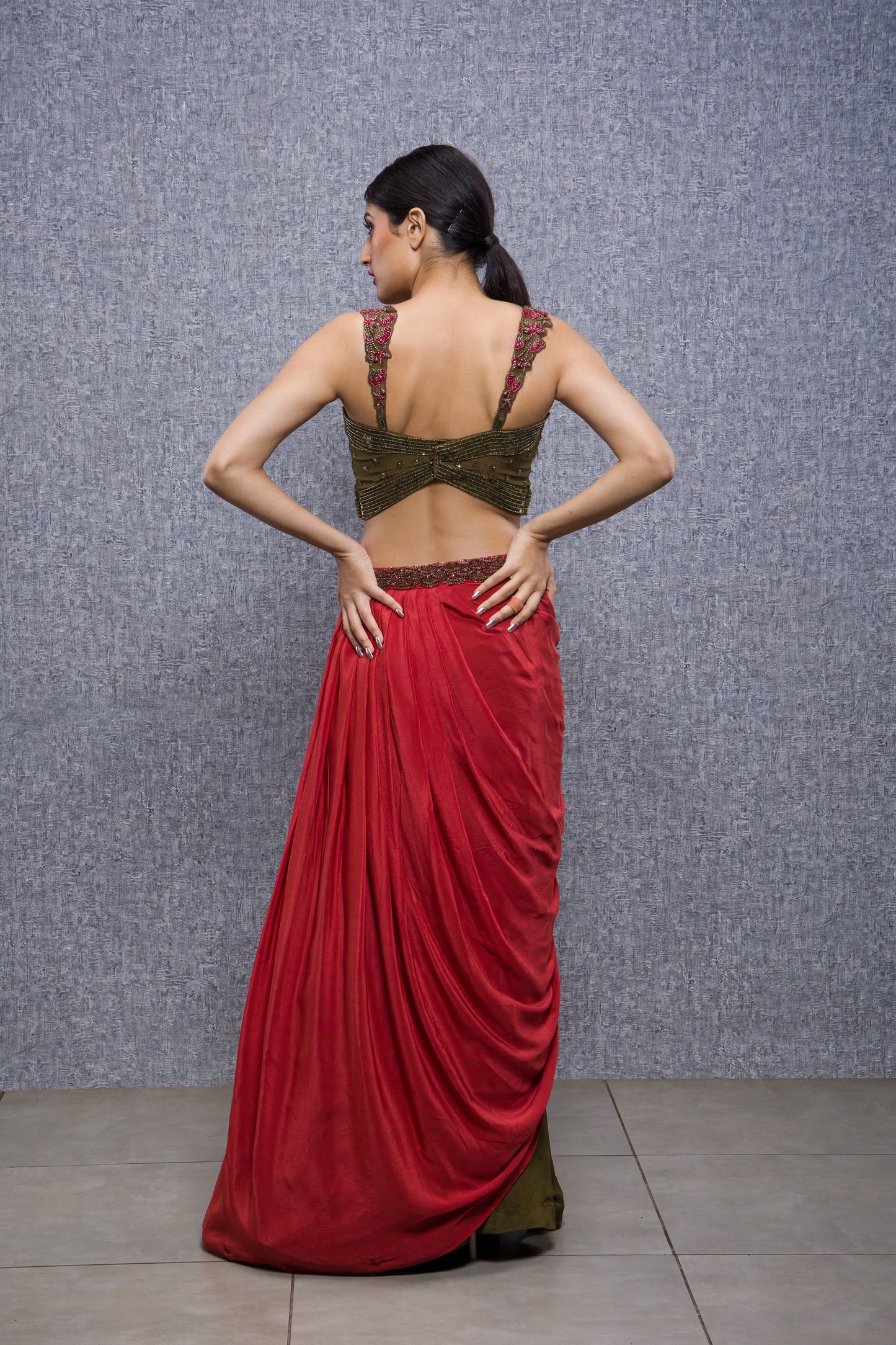 Enchanted Forest Hand Embroidered Detachable Pallu Ready To Wear Saree Set