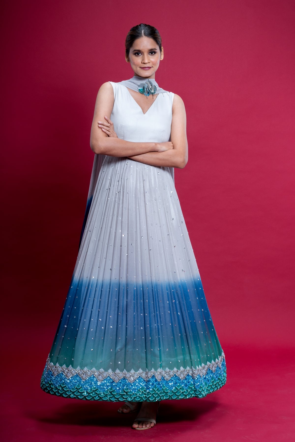 Sea Silver Hand Embroidered Anarkali Gown