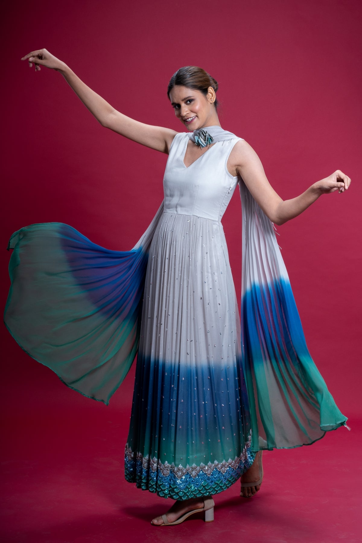 Sea Silver Hand Embroidered Anarkali Gown