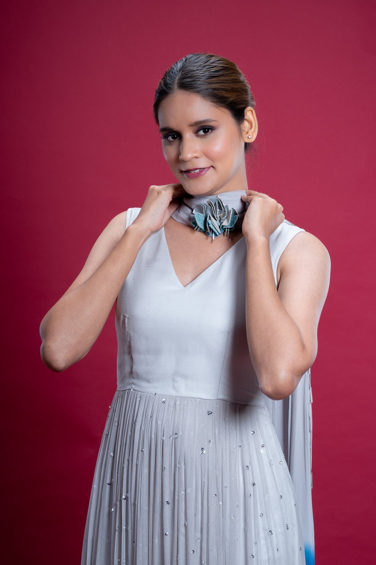 Sea Silver Hand Embroidered Anarkali Gown