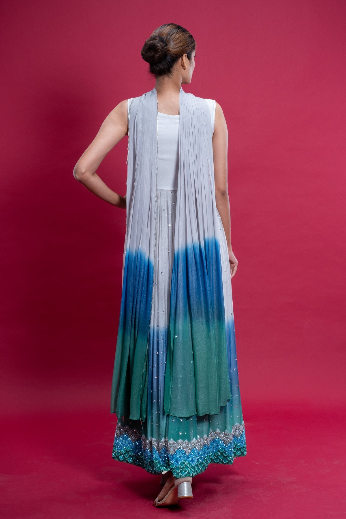 Sea Silver Hand Embroidered Anarkali Gown