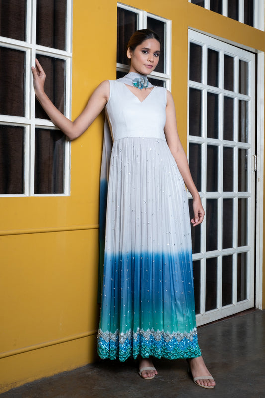 Sea Silver Hand Embroidered Anarkali Gown